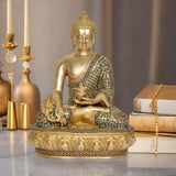 Brass Buddha statue in meditating dhyan mudra, gold finish with jeweled robe