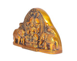 Brass Lakshmi Ganesha tabletop idol, side view with crown details and elephant figures