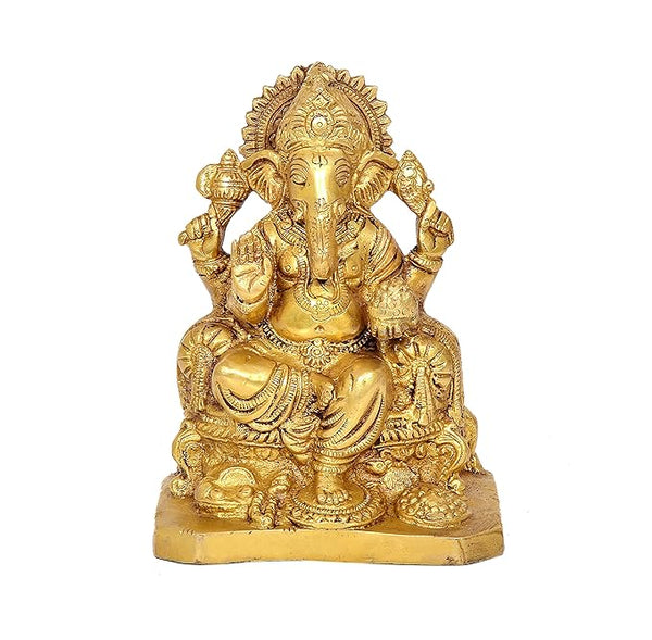 Brass Ganesha Idol Statue On Base Giving Blessings for Home Decor Temple | Height : 6 inches