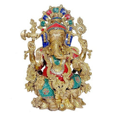 Brass Ganesha statue, seated front view, detailed jewelry, jeweled blue-red headpiece