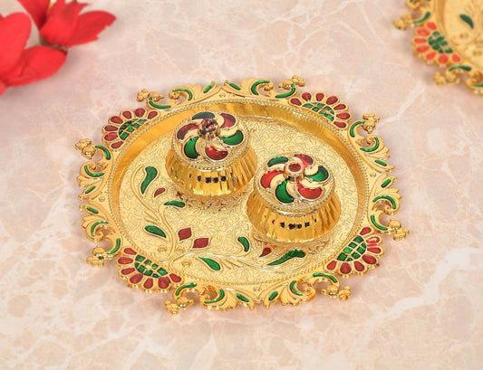 Decorative Design Gold Plated Plastic Haldi Kumkum Holder Pooja Thali and 2 Bowl For Rakhi Diwali Wedding Gifts Tilak Plate (Width 5.5 Inch) (Multicolor Pooja Thali)