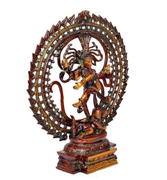 Brass Nataraja Shiv Murti on layered pedestal, side view with raised arms and halo