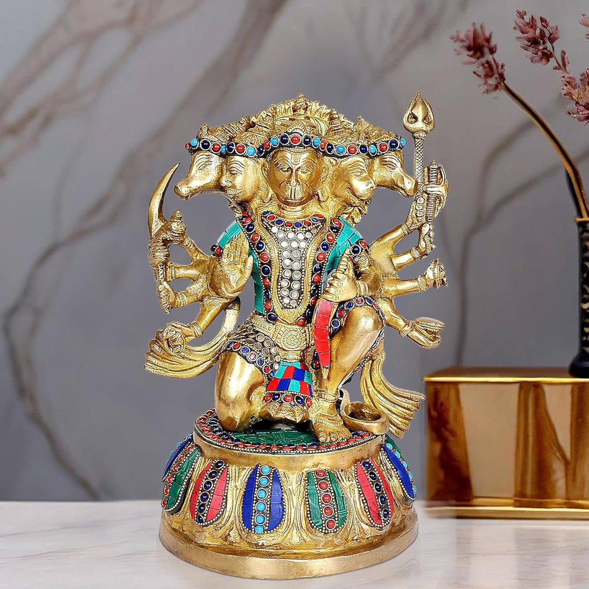 Brass Panchmukhi Hanuman Anjaneya Pavan Putra Bajrangbali Idol (Height :12.5 Inches)
