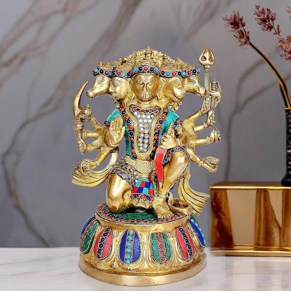 Brass Panchmukhi Hanuman Anjaneya Pavan Putra Bajrangbali Idol (Height :12.5 Inches)