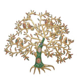 Golden brass Kalpavriksha wall tree with green trunk and multicolor bird inlays