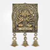 Bronze Panchmukhi Hanuman wall idol with three engraved bell charms beneath