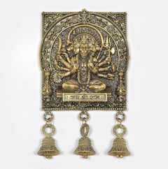Bronze Panchmukhi Hanuman wall idol with three engraved bell charms beneath