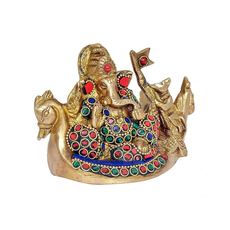 Ganesh Sitting on Swan Multicolor Brass Statue (Height: 3 Inches)