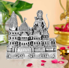 Silver metal Ram Mandir architectural model with standing deity figure on detailed temple base