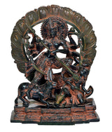 Brass Durga Maa statue with trident, multi-armed pose, lion support, detailed base
