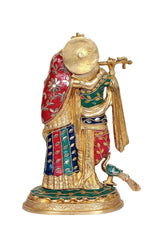 Radha-Krishna Messing-Idolstatue, Rückansicht mit farbigem Umhang und rundem Sockel