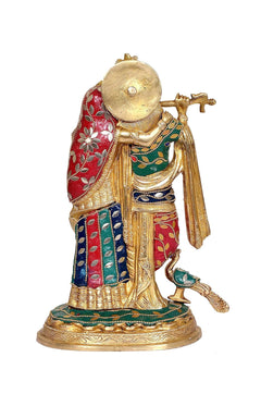Radha-Krishna Messing-Idolstatue, Rückansicht mit farbigem Umhang und rundem Sockel