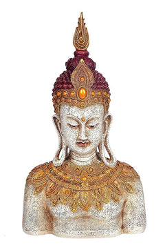 Polyresin Buddha bust facing forward, detailed gold jewelry and maroon crown