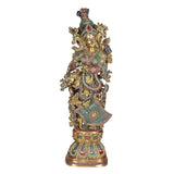 Radha Rani standing brass idol with jeweled crown and painted dress, 30 in