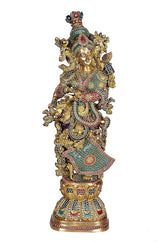 Big brass Radha murti idol with jeweled crown and detailed flowing dress