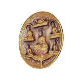 Round brass Buddha plate idol with central Buddha and surrounding seated figures for wall hanging