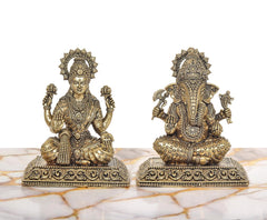 Superfine brass Lakshmi and Ganesh statue set, two seated deities with raised hands