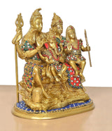 Brass Shiv Parivar idol, front view, gold finish with red, green, blue decorations