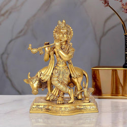 Brass Lord Krishna with Cow Idol Figurine Sculpture Playing Flute Statue Decorative Showpiece, (Height 9 Inch)