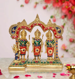 AONA Brass ram darbar idol with three standing figures, red and blue enamel details