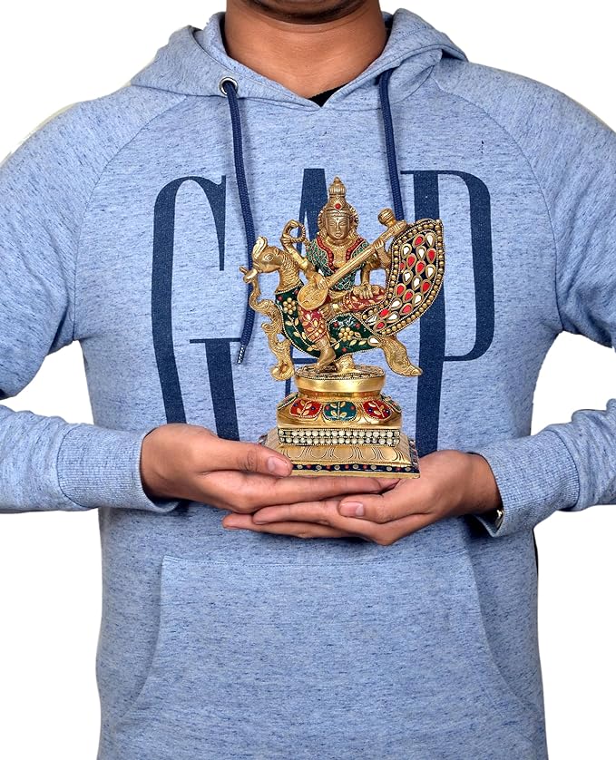 Brass Goddess Saraswati Sitting On Swan Devi of temple (Height: 11.5 Inches)