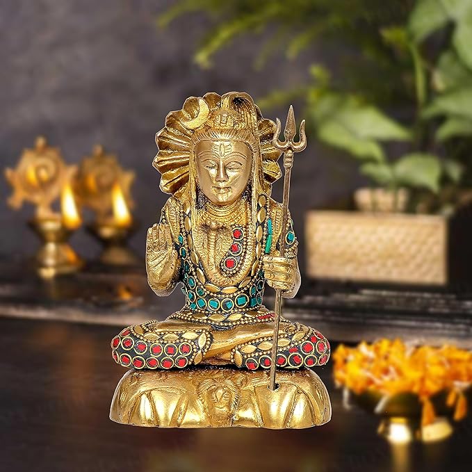 Brass Shiva statue idol with trident, multicolor beads and red gems on chest