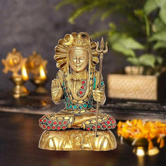 Brass Shiva statue idol with trident, multicolor beads and red gems on chest