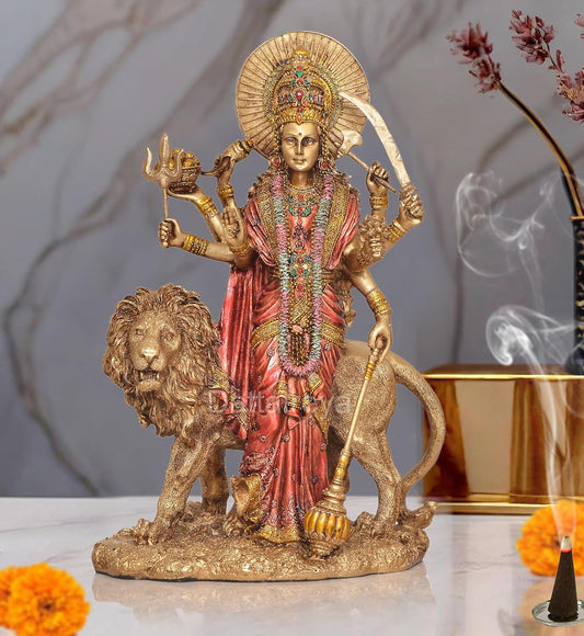 Resin Standing Durga Maa with Lion Idol Hindu Goddess Sherawali MATA Murti MATA Rani Statue Figurine Home Temple (Height: 11 Inch)