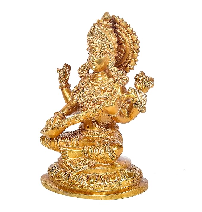 Brass Goddess Saraswati Idol Maa Saraswati Religious Statue Height 7.2 Inch