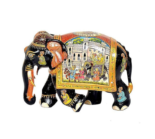 Wooden Elephant Statue for Home Decor Gifting Item | Multicolor | Height : 6.5 inches