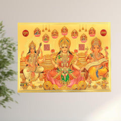 Framed-style gold foil wall poster featuring Lakshmi, central Ganesh, and Saraswati