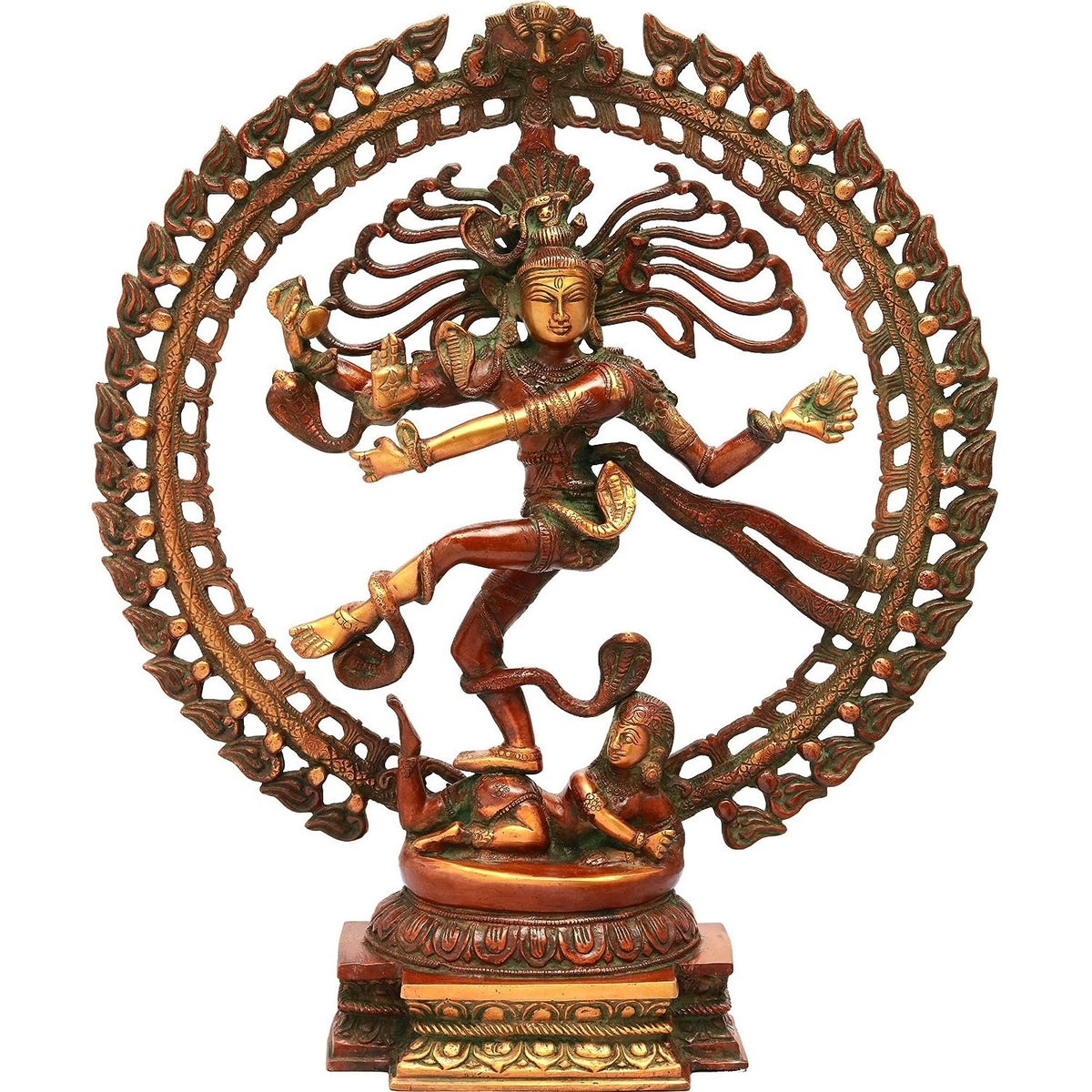 Brass Nataraja statue with circular arch, dancing figure with raised arm