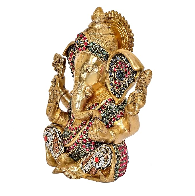 Brass Lord Ganesha Idol Statue Ganesh Decorative Sculpture for Home Office Temple Showpiece Golden (Height 10.5 Inch)