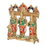 Ram Darbar brass statue, central figure raised hand with two attendants in colorful attire