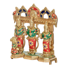 Ram Darbar brass statue, central figure raised hand with two attendants in colorful attire