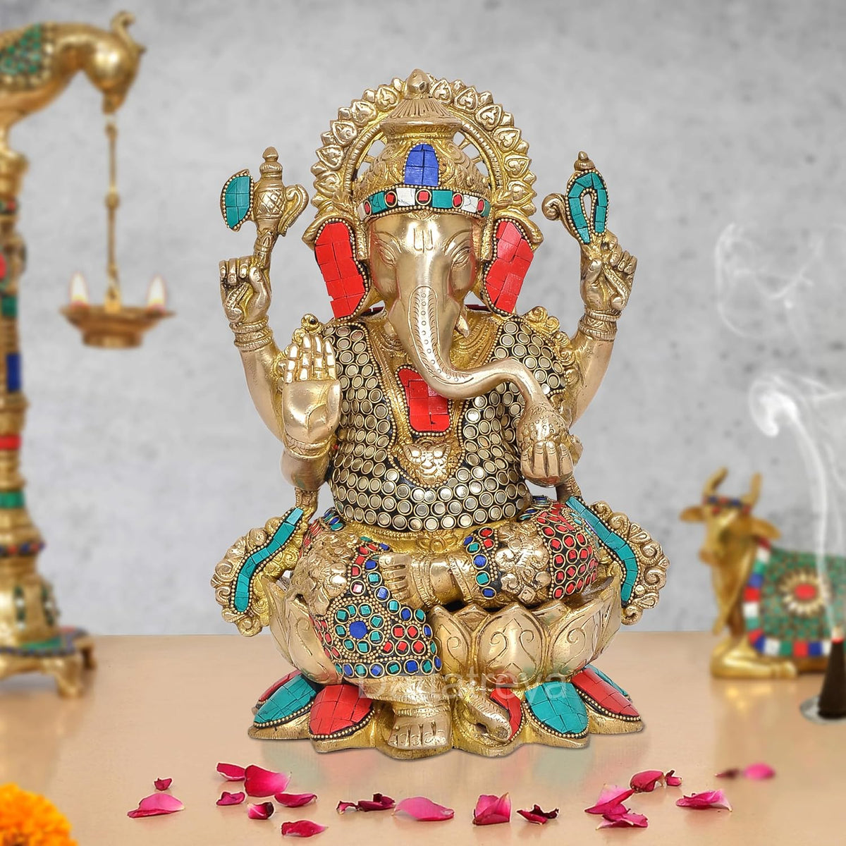 Brass Mangalkari Ganesha statue, jeweled crown, seated with hands raised