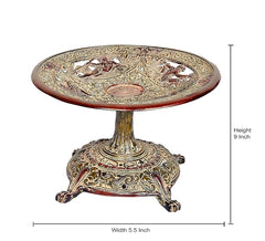 Brass fruit basket decorative showpiece; tray on pedestal with dimensions marked