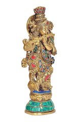 Brass Radha Krishna statue from side, circular halo detail, colorful gem-studded robe