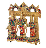 Brass Ram Darbar statue from side view, three deities in colorful temple attire