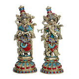 15-inch brass Radha Krishna idol set; front view of two jeweled figures