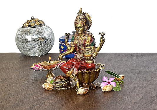 Cold Cast Handcrafted Lord Lakshmi Murti Sitting On Lotus in Resin, Height : 7 inch