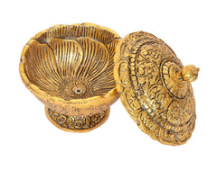 Gold decorative dry fruit bowl with lid open, textured engravings, pedestal