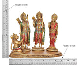 Ram Darbar murti em resina, altura 8 pol., três figuras douradas com roupas coloridas