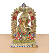 Brass Ganpati Bappa murti, front view, multicolor jewelry and crown