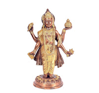 Brass Dhanwantri religious statue, front view, ornate details and round base