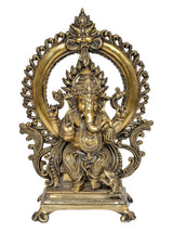 Natural brass Ganesha idol on throne, detailed front with raised hands