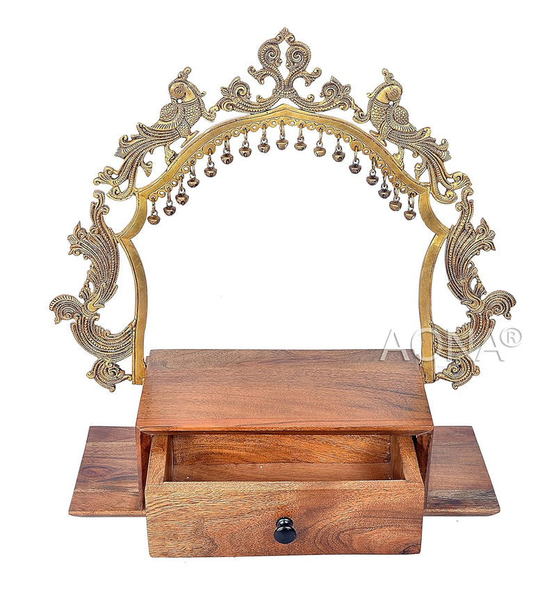 Brass Frame wooden base mandir with drawer (Height: 20.5 Inches)