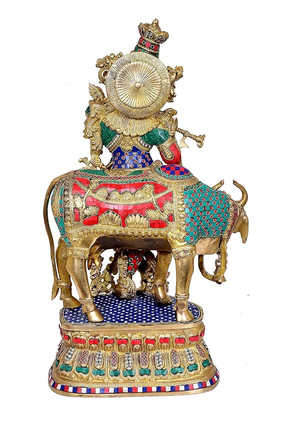 Large Brass Cow Krishna Idol Statue Murti, Height 30 inch