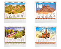 Four country-themed 2027 desk calendar cards: China, Egypt, Switzerland, and Russia