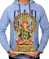 Ganesha idol held by person wearing a hoodie, brass statue with multicolor halo